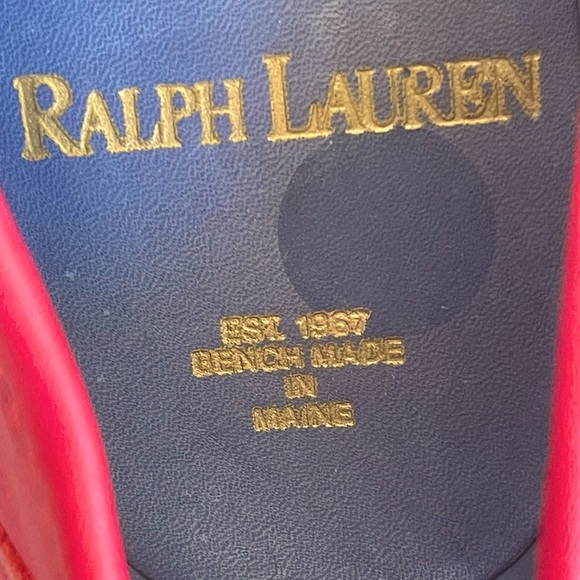 RALPH LAUREN Vtg 80s Red Leather Loafers Crest Bench Made Maine USA 7.5 NEW RARE - Picture 2 of 14